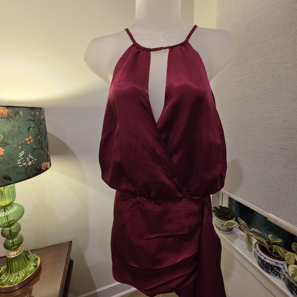 HALARA Wine Satin Halter Wrap Mini Dress - Picture 5 of 10